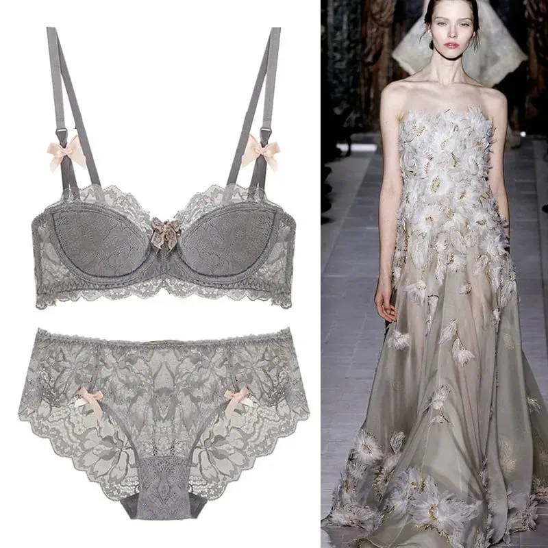 Modest French Pure Desire Bralette AB Cup Full Coverage Lace Bra & Set Small Bust Push Up Wireless for Chubby Girl Bow Plus Size — image 6
