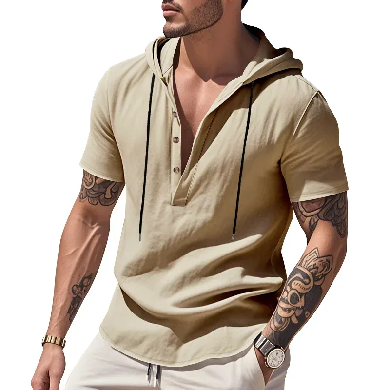 Hoodies men's sweatshirt 2026 summer linen hooded beach casual drawstring short-sleeved T-shirt sweatshirt man's clothing