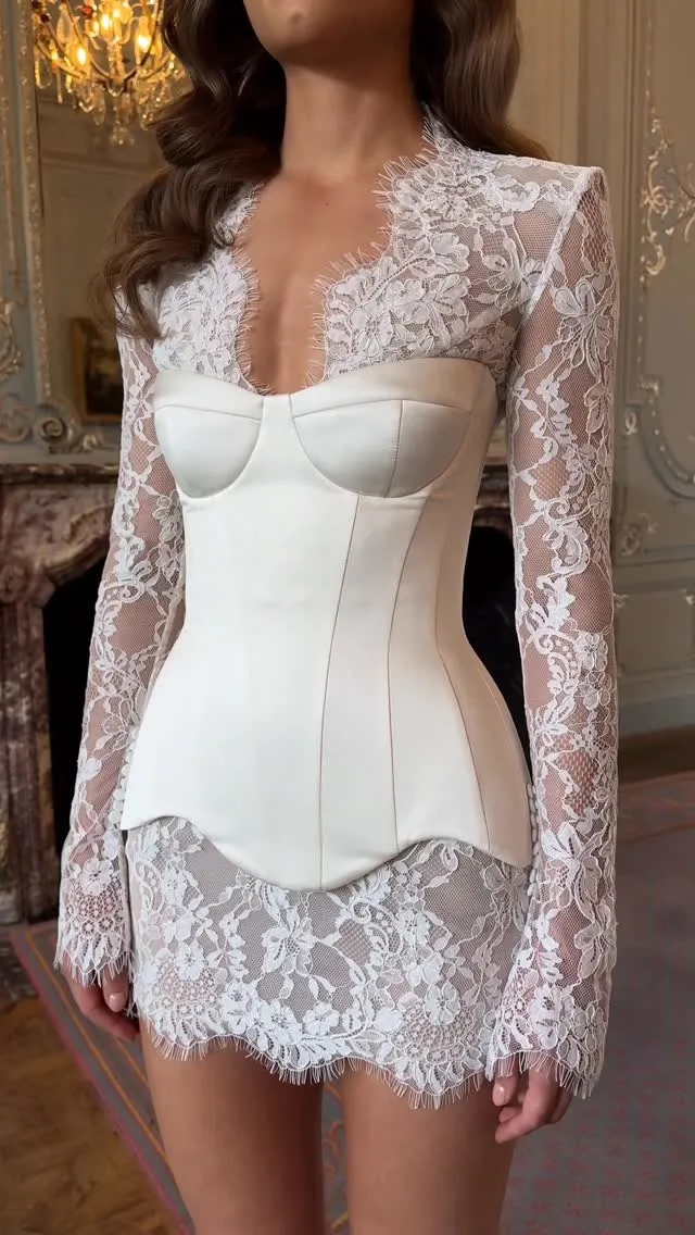 Sexy Lace Dress For Women Strapless Fishbone Corset Slim Waist Long Sleeve Mini Dresses 2026 New Hollow Out Party Two Piece Set — image 1