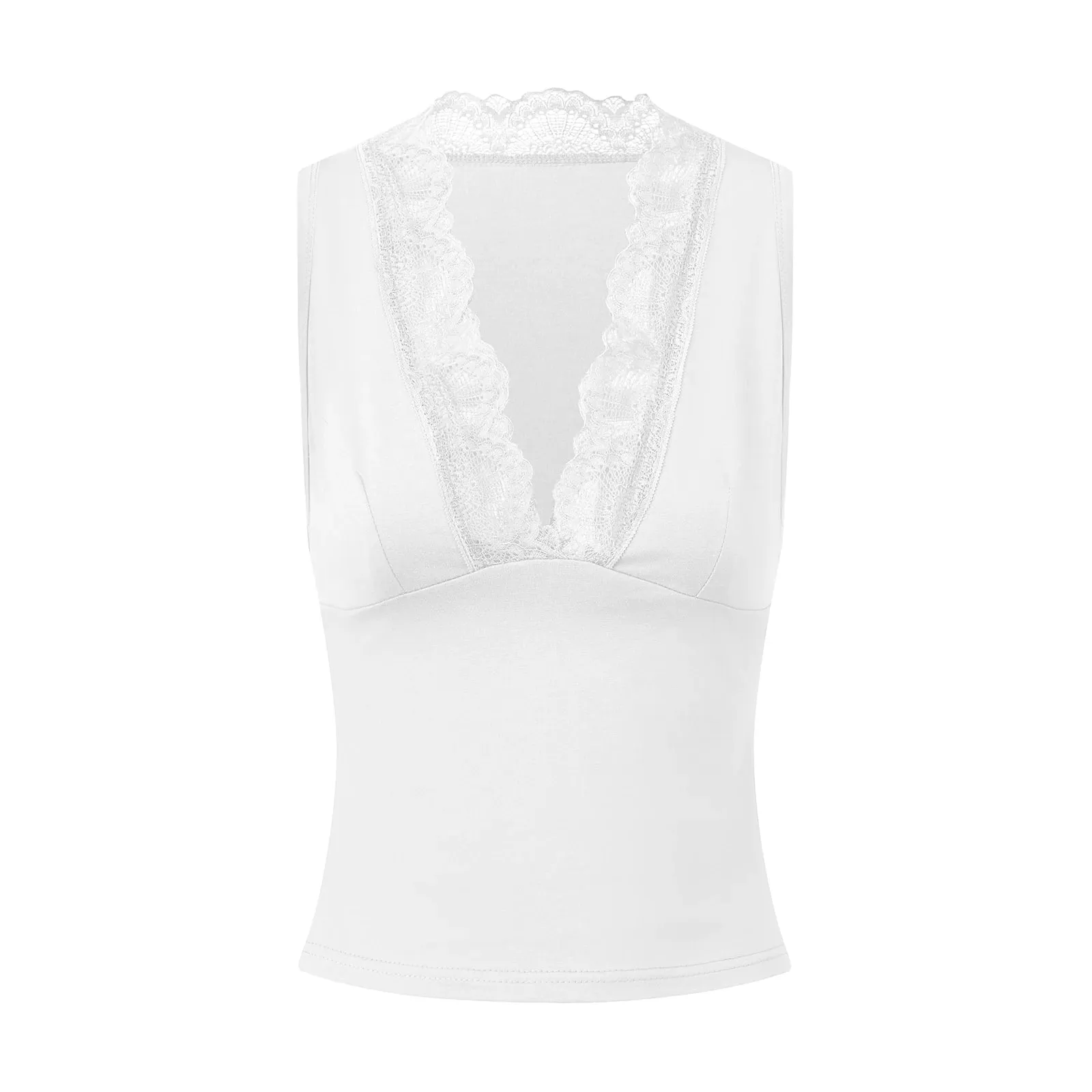 Women Summer Lace Splice Sexy Sling Sleeveless Tanks Tops Fashion Deep V Neck Elegant Casual Slim Camisole Vest Streetwear — image 9