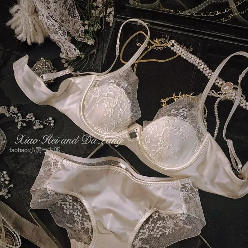 Women French Satin Lace Lingerie Set Push Up Anti Sagging Bra Full Coverage Brassiere Soft Comfort Underwear Daily Use 32‑38AB