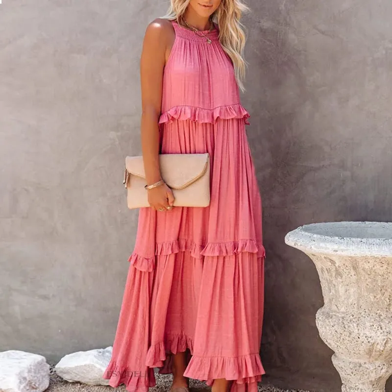 Women Casual Solid Ruffles Long Dress Summer Elegant Sleeveless Sundress Elegant Harajuku Maxi Dress Beach Party Evening Vestido