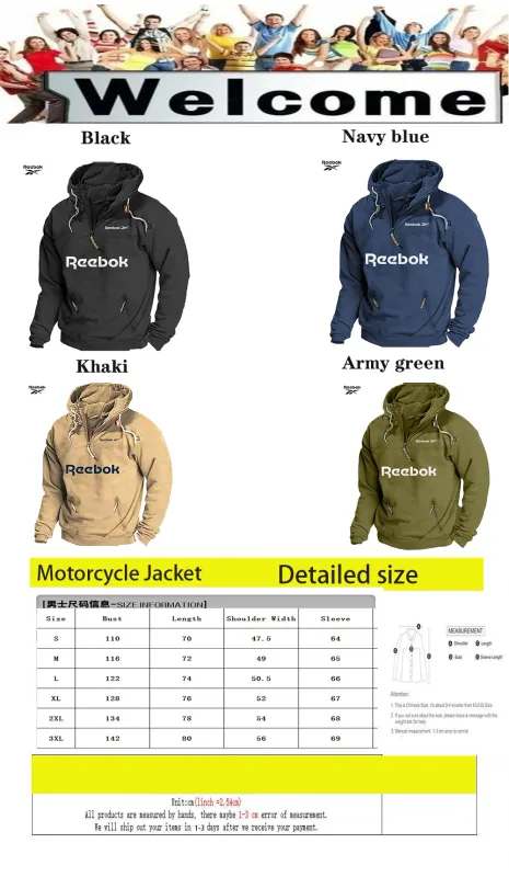 Reebok Men's Spring/Autumn Hooded Sweatshirt, Retro Sports Style, Loose Casual Top, Solid Color with Multiple Zippers Design — image 4