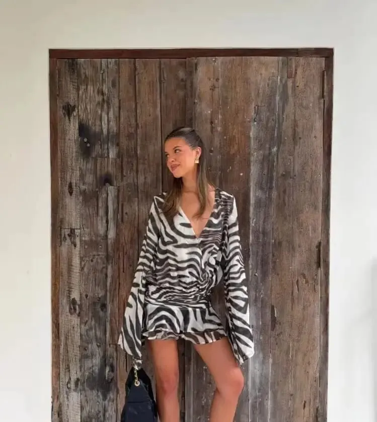 Pambabaeng Zebra Print Long Sleeve Mini Dress Zebra Print Long Sleeve Mini Dress Party Club Zebra Print Ruffle Dress Tag-init 2026 — image 4