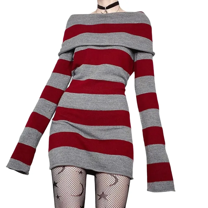 Mulheres mini bodycon vestido listra barco-pescoço manga longa vestido curto primavera outono envolto hip vestido de festa — image 8