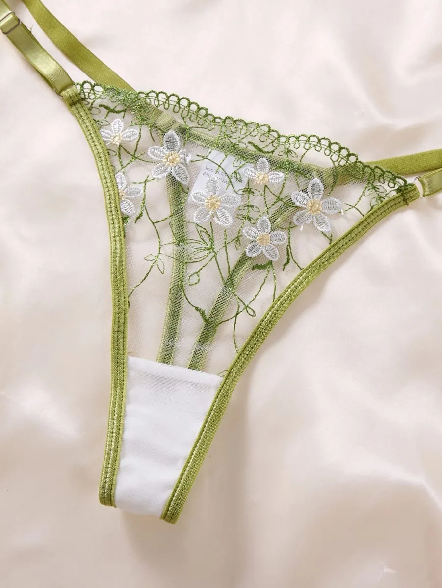Ladies Sage Green Flower Embroidered Lace Bra Thong Set Sheer Mesh Lingerie Outfit Romantic Intimate Sleepwear ZA825194 — image 5