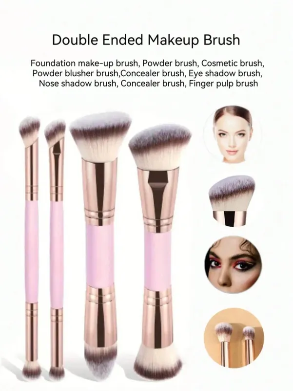 4-piece dual-ended multifunctional makeup brushes for the face portable dual-ended foundation brush contour brush loose powder brush blush brush eyeshadow brush nose shadow brush angled brush — image 5