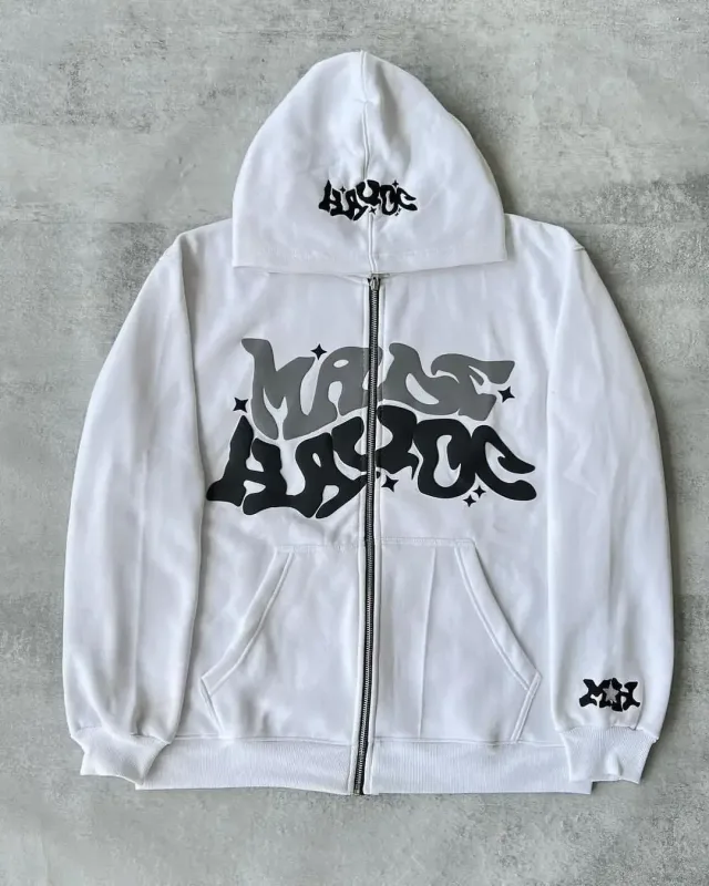 Men's Retro American Letter Zipper Printed Hooded Sweatshirt Unisex Autumn and Winter Open Cardigan — image 12