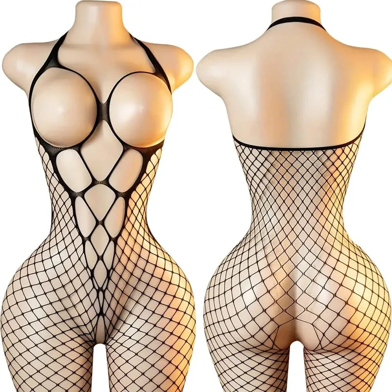 Black Fishnet Off-Shoulder Open-Crotch Bodystocking Lingerie Set Sexy Crotchless Teddy Bra Women's Erotic Underwear — image 17