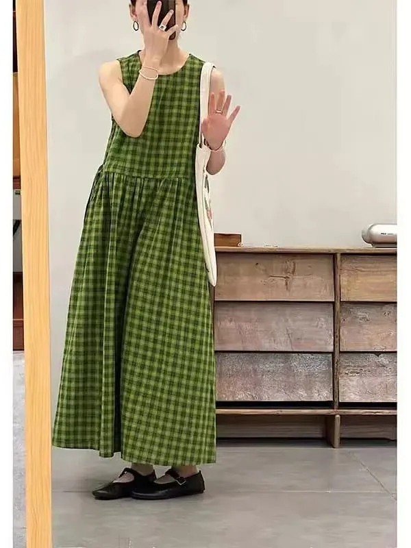 Slimming Plaid Cotton Lin Svel Long Dr Women's plus Size Dstring Waist round Ne Vest Skirt Commute Sle Summer... — image 5