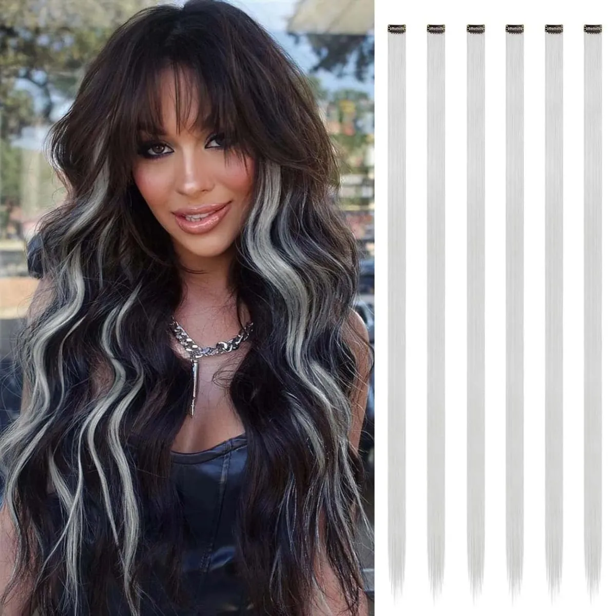6 Pcs Clip Extensions Synthetic 24 Inch Colored Hair Extensions Party Highlights Long Straight Hairpieces for Women Kids Girl — image 16