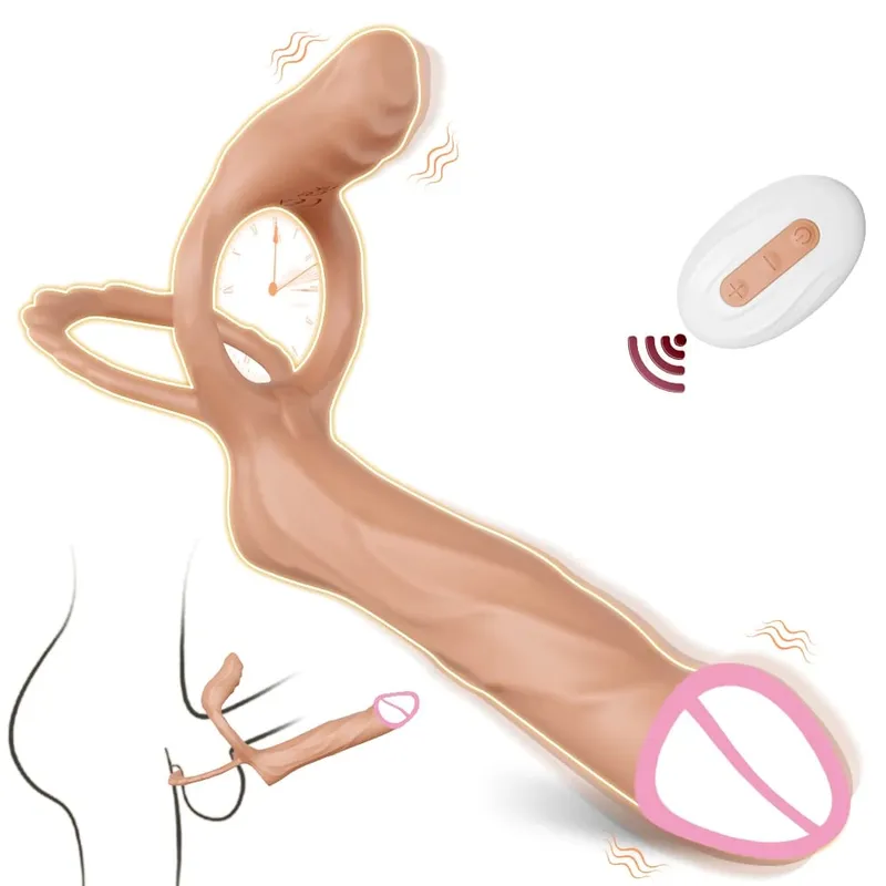 Vibrador de penetração dupla para casal, anel peniano de sêmen, anel peniano, ampliação do pênis, brinquedos sexuais vibratórios retardados para homens adultos