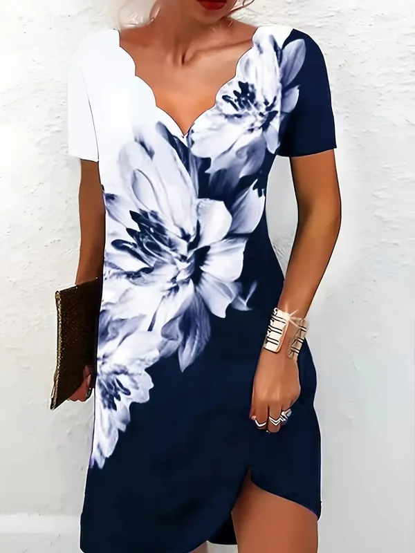 Women Floral Print Dress Wavy V Neck Short Sleeve Casual Summer Party Dresses Ladies Loose Tunic Dress