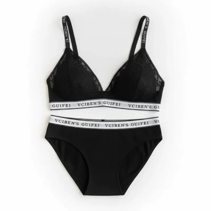 Fashion Letter Design Lingerie Set Lace Wireless Women Underwear Suit Deep V Color Blocking Bra Panties Set Daily — image 6