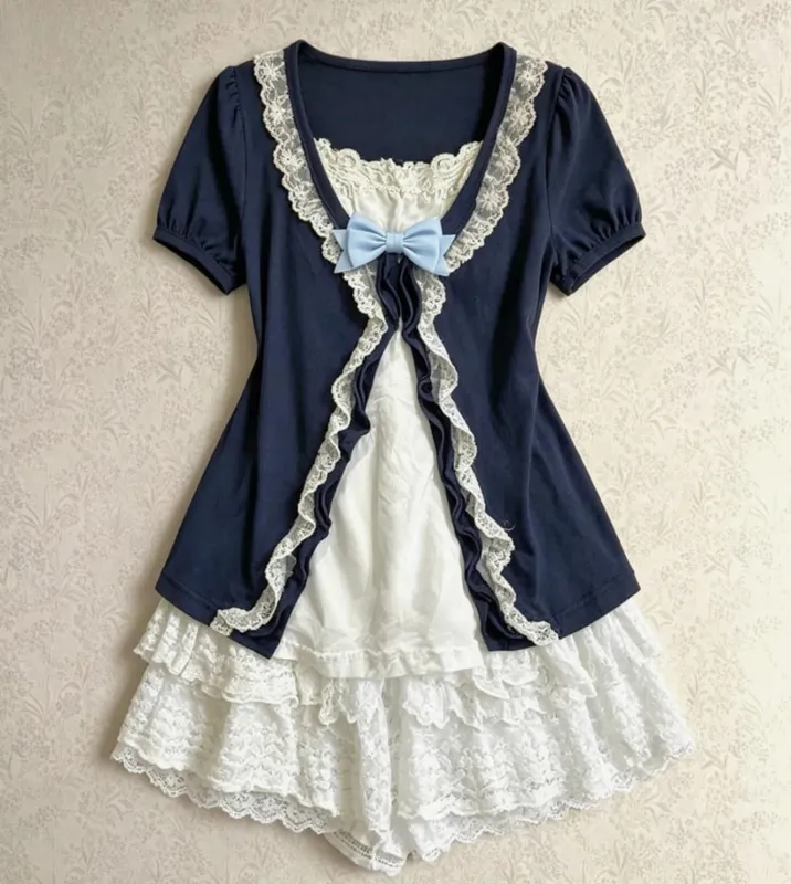 Feminino y2k vintage rendas retalhos vestido de duas peças conjunto verão elegante retro cardigan + doce moda sem mangas magro mini vestido — image 7