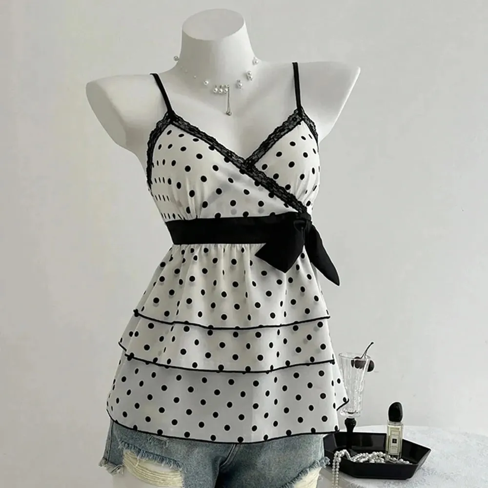 French-Style Retro Lace Patchwork Color-Blocked Bow Polka Dot Camisole Sweet Youthful Stylish Slimming Vacation High-End Top for Women Women's Clothing