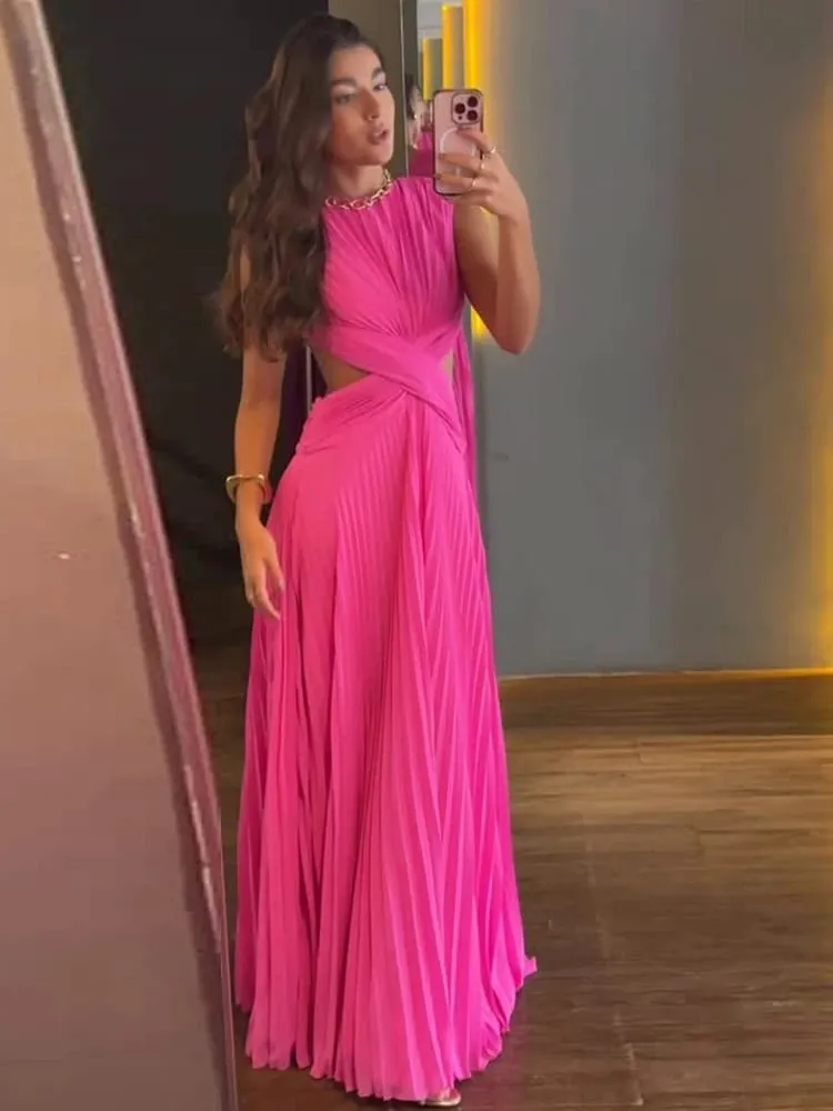 Sexy Hollow Out Long Party Dress Women Pleated Sleeveless Backless A-line Beach Dresses 2026 Summer Lady Chic Solid Holiday Robe — image 3