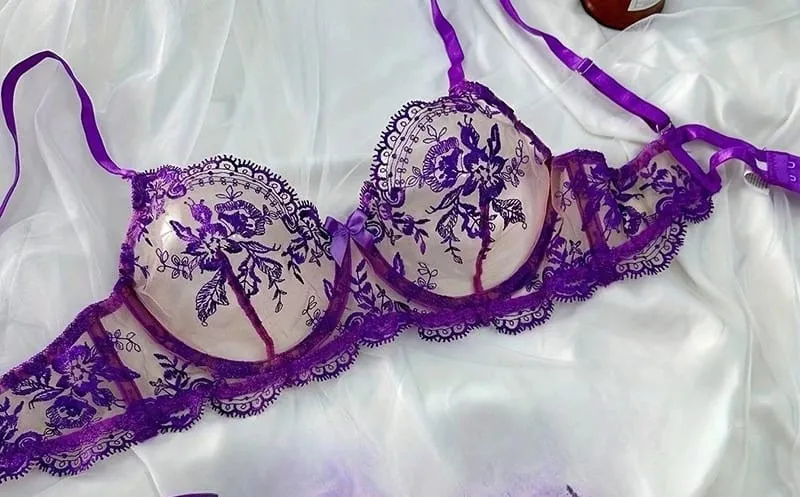 Conjunto Lencería Bordado Floral Transparente Aro Rejilla Copa Fina Sujetador Push Up Estilo Puro Deseo Ropa Interior Mujer S-XL — image 10