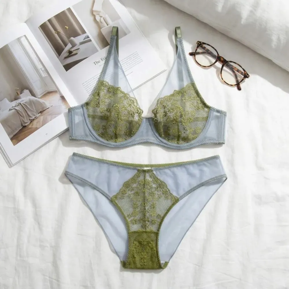 Mesh Lace Flower Bra Set Lingerie Brassiere Push Up Bra Women Thin Underwear Lace Floral Underpants Romantic Evenings — image 5