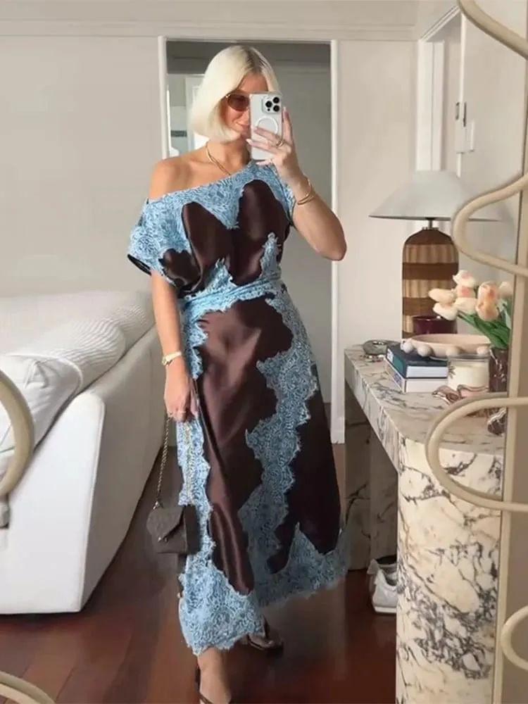 Elegant Lace Patchwork Long Women's Dress Urban Skew-collar Maikling Manggas Empire Pambabae Dresses 2026 Summer Vacation Lady Robe — image 3
