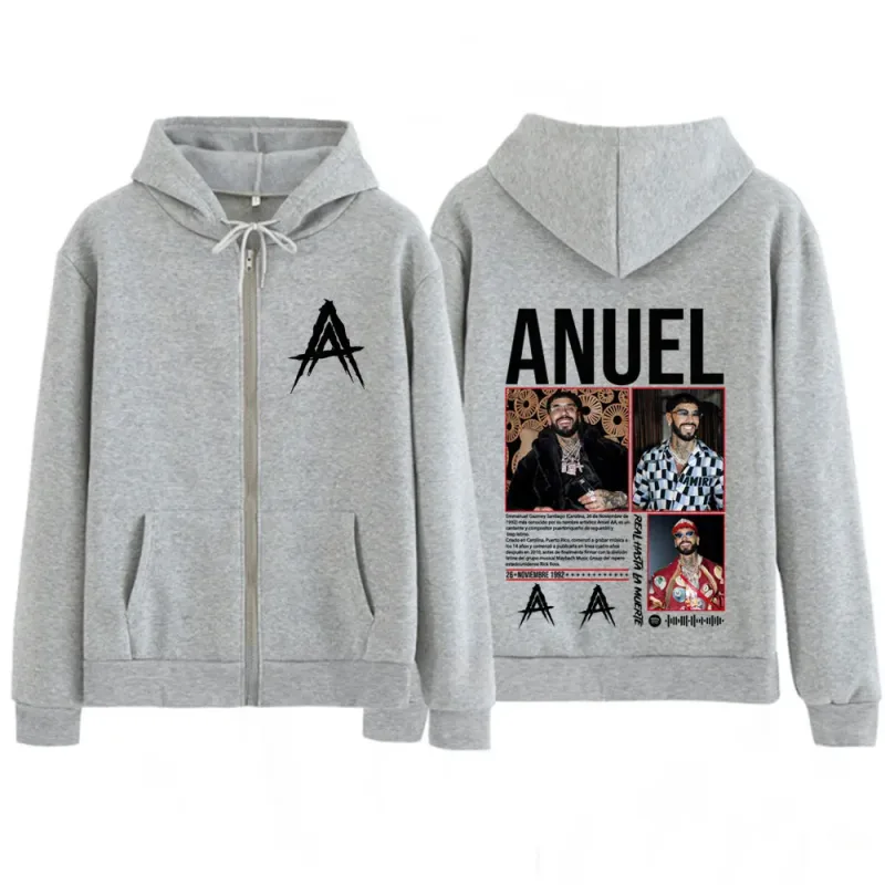 Rapper Anuel AA Album Tour 2025 Vintage Graphic Zipper Hoodie Men Women Fashion Long-sleeved Casual Hip-hop Zip Up Sweatshirts — image 3