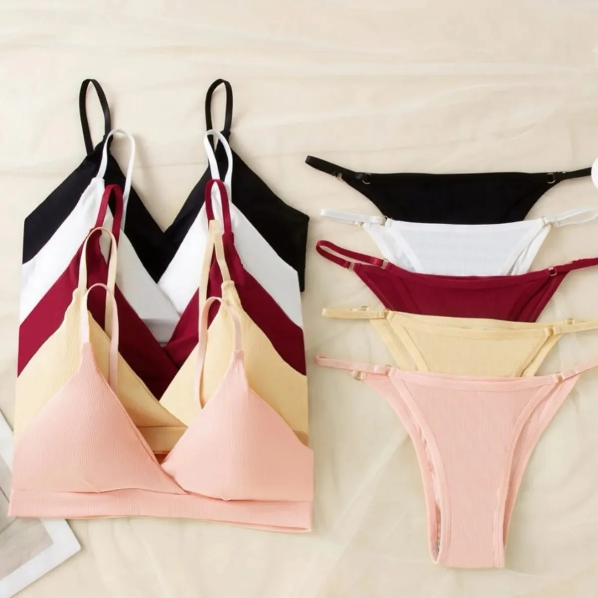 Women Ribbed Triangle Bra And Panties Set Wireless V Neck Thin Strap Bra Low Waist Briefs Ladies Removable Pads Lingerie Set — image 1