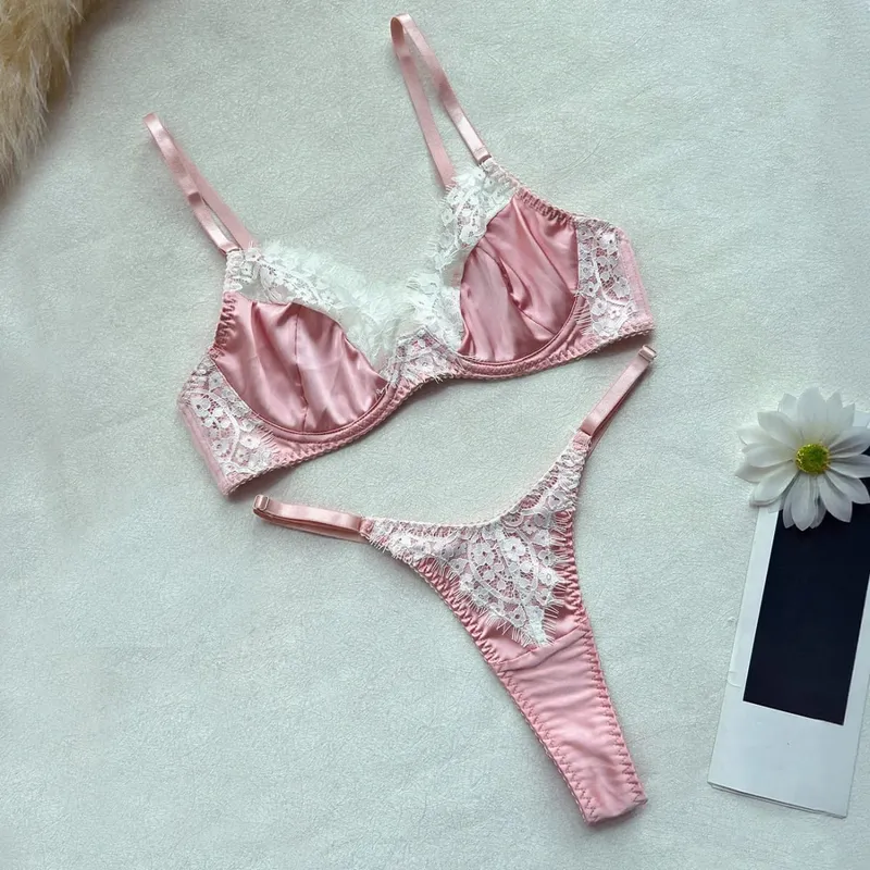 Ellolace conjuntos de lingerie feminina romântica coquette cetim renda sutiã tanga 2pc magro sensual quente traje doce juventude roupa interior da menina
