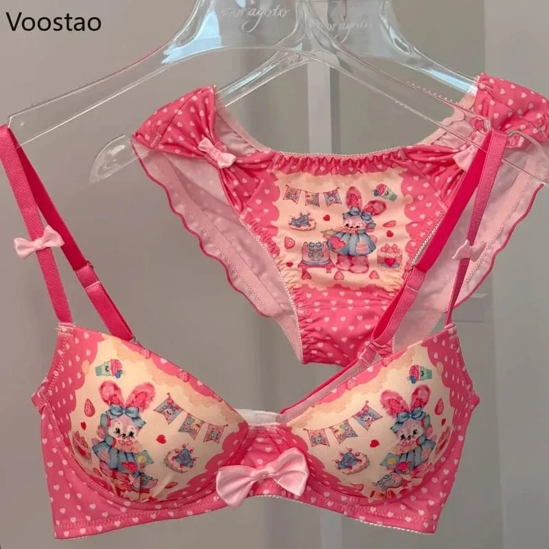 Japanese Sweet Lolita Style Women Cute Candy Rabbit Print Bra Panties Lingerie Set Girls Kawaii Underwear Panty Intimates Sets