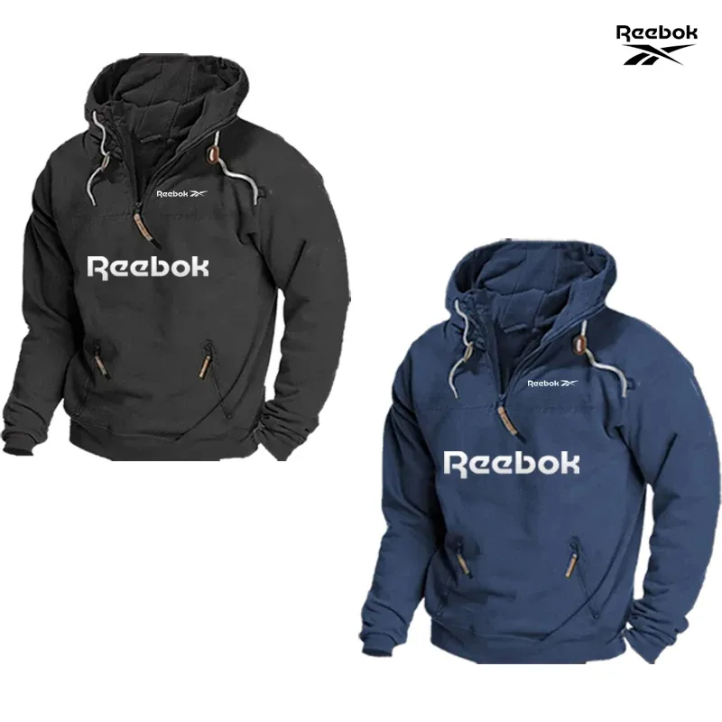 Reebok Men's Spring/Autumn Hooded Sweatshirt, Retro Sports Style, Loose Casual Top, Solid Color with Multiple Zippers Design — image 6