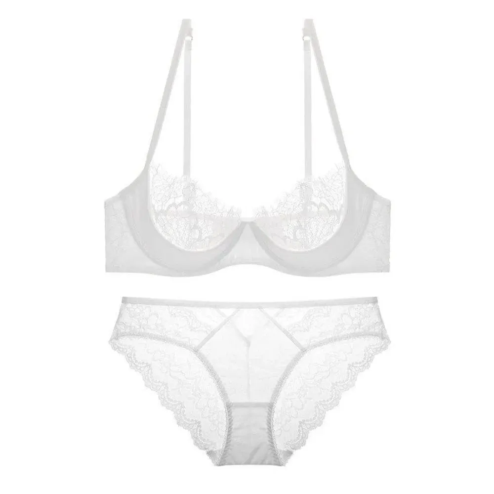 Conjunto de sutiã de renda transparente, plus size, meia xícara, ultra fino, minimizador, suporte de elevação, respirável, copo grande, conjunto de roupa íntima combinando — image 7