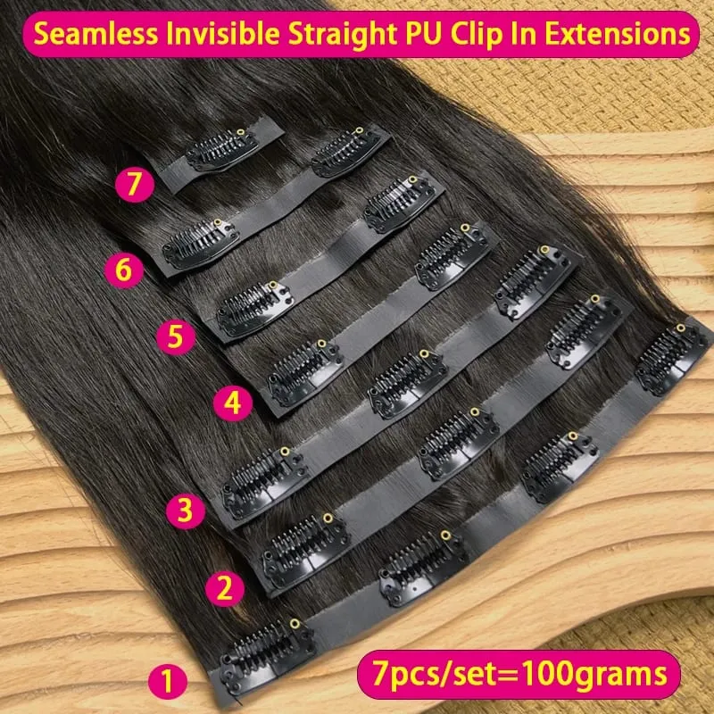 Bone Straight Clip In Human Hair Extensions Unprocessed Raw Hair Extensions Full Head Seamless Clip Ins Extension 100g/7pcs