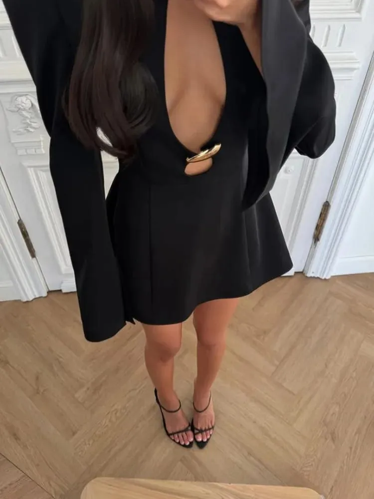 Ahagaga Elegant Women's Mini Dresses Solid Sexy Bodycon Slim Fit Hollow Out Regular Long Flare Sleeve A Line Trend Casual Female — image 4