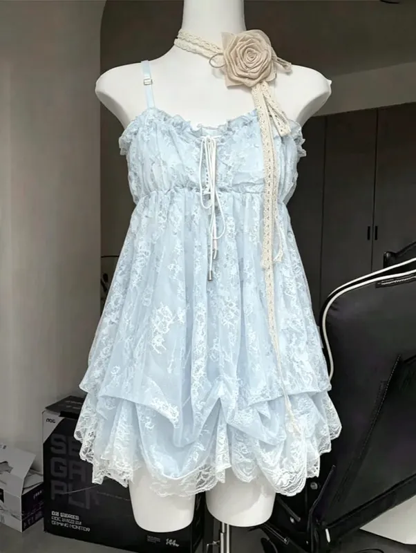 2026 mulher japonesa doce renda flor y2k estética bandagem vestidos grunge harajuku sem mangas retalhos vestido vintage chique — image 3