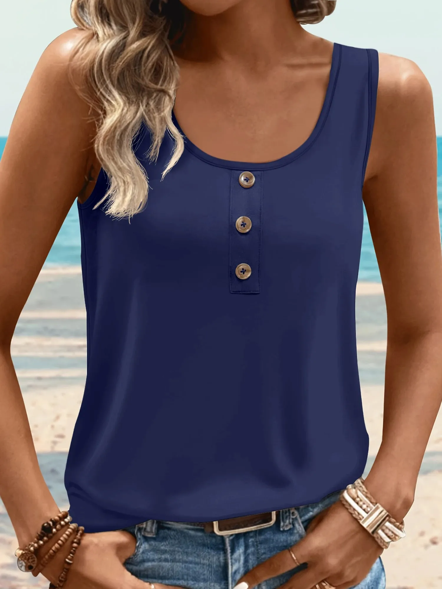 U Neck Sleeveless Henley Tank Top with Front Buttons Relaxed Fit Basic Cami for Women All Seasons Daily Wear — image 6