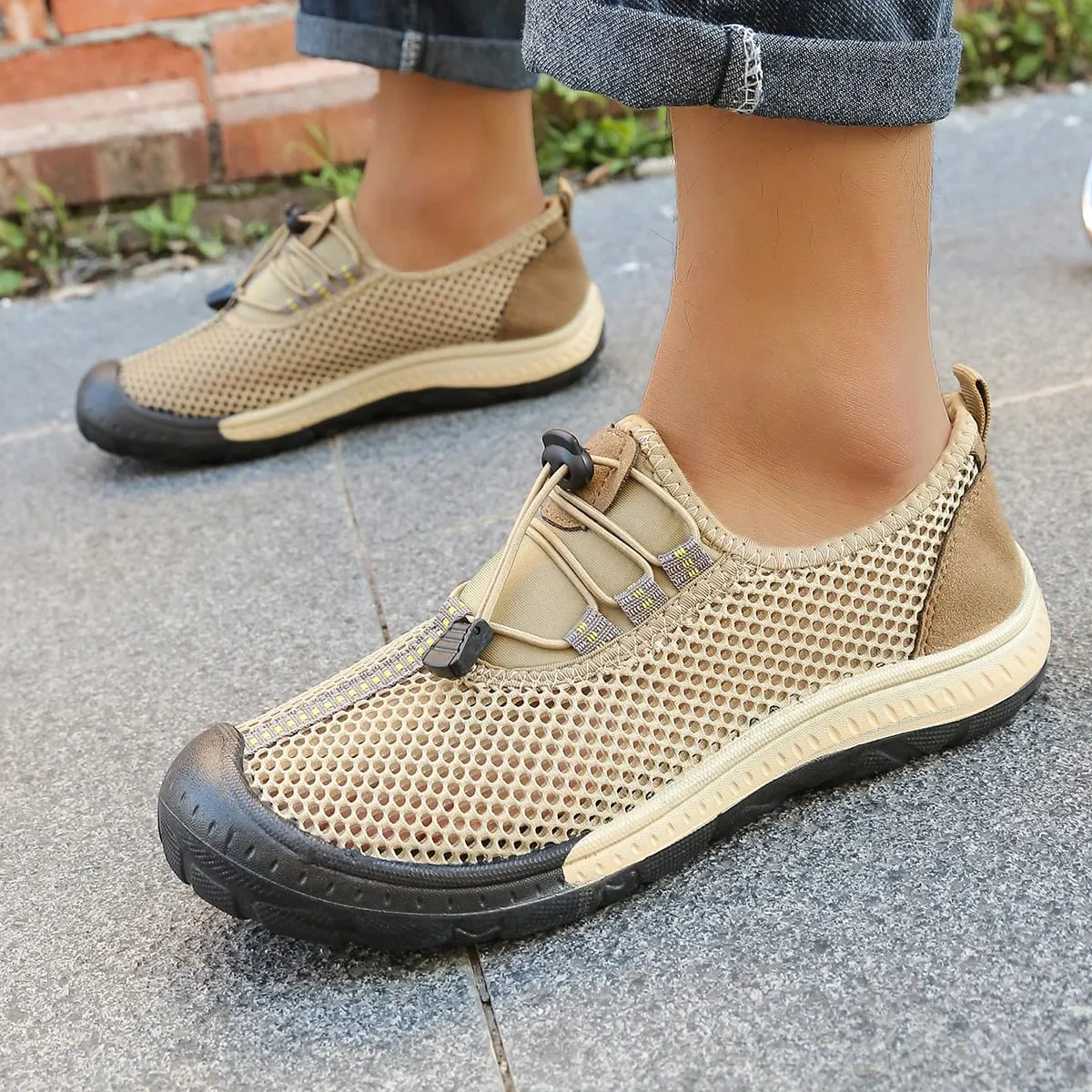 Sapatos masculinos de malha oca com alternância rápida, tênis para caminhada com listras e costura, touca de borracha grossa envolta em sapatos casuais para uso ao ar livre — image 4