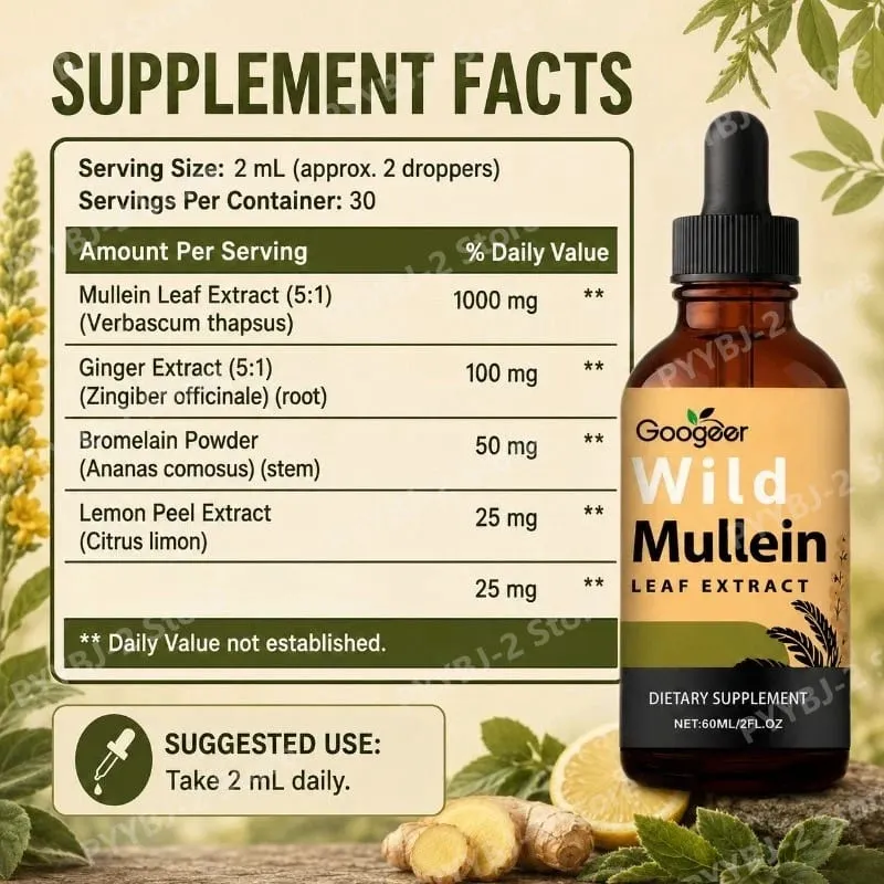 Mullein Liquid Drops 60ml na may Wild Mullein Leaf Extract at Ginger Support Lung Health & Clean Impurities Plant Supplement — image 4