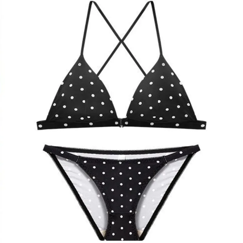 Women Wireless Bra Retro Polka Dot Triangle Cup Bralette Set Front Closure Bikini Style Comfort Push Up Elegant Underwear Set — image 6