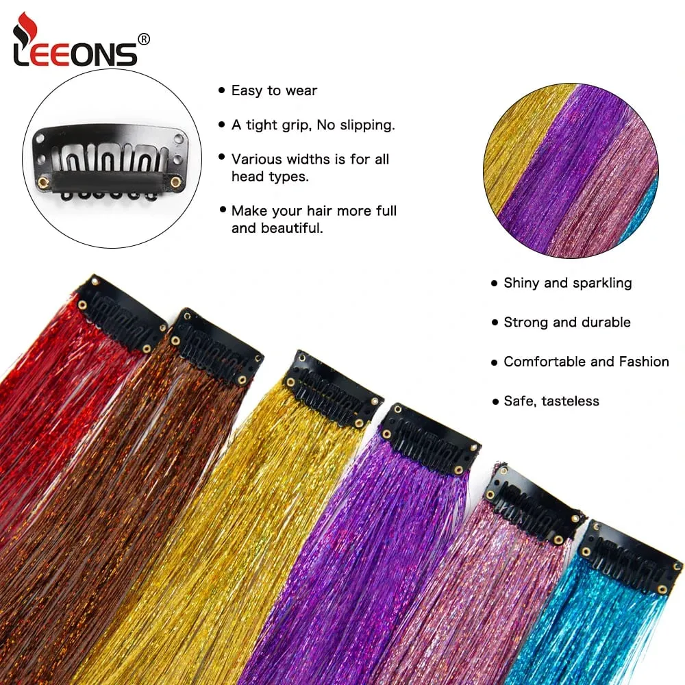 Straight Rainbow Colored Party Highlights Clip On In Hair Extensions Bling Hair Piece Synthetic Hairpieces Sparkling Tinsel Red — image 6