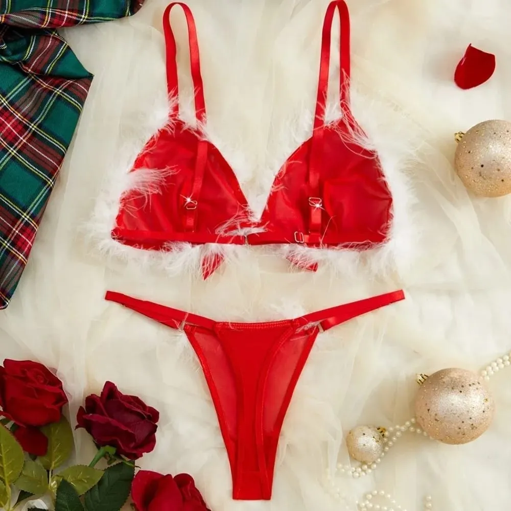 Furry Women's Underwear Mesh Transparent Bow Decor Lingerie Set Romantic Intimate Wireless Bra Panties Suit Anniversary — image 5