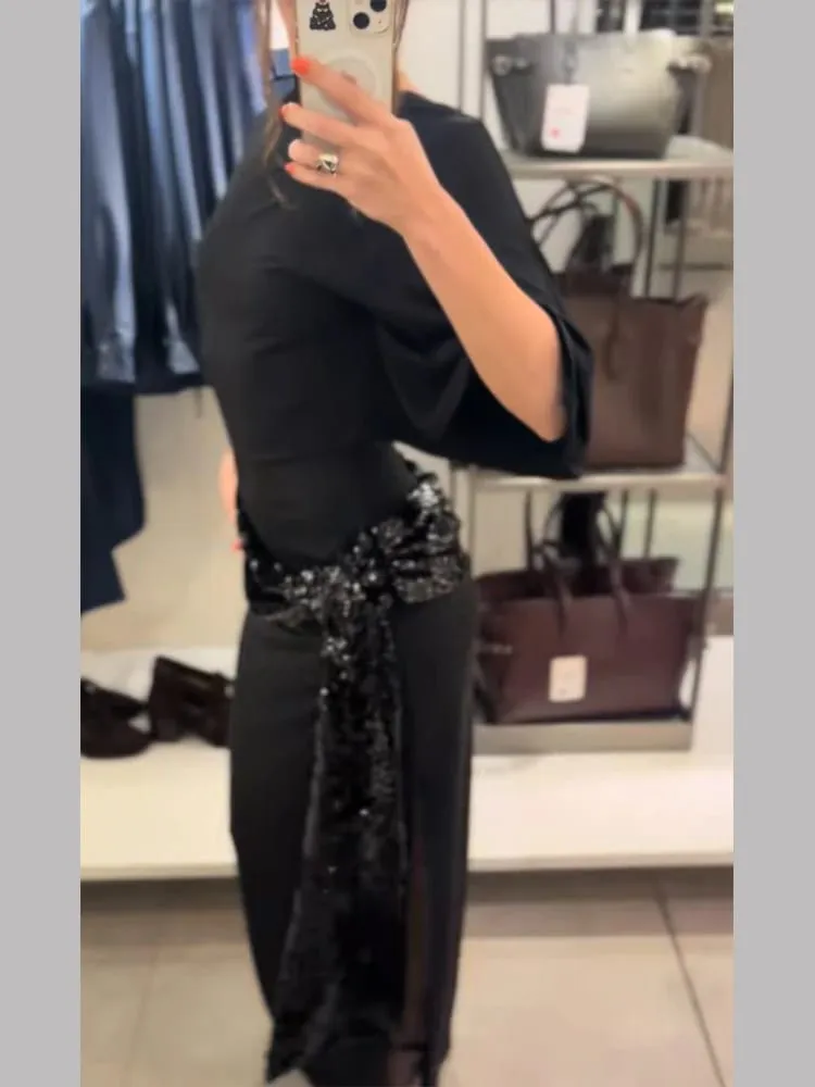 Sequin Patchwork Backless Dress Women Elegant Solid Middle Sleeve Cinched-waist Slim Long Dresses Fashion Evening Party Vestidos