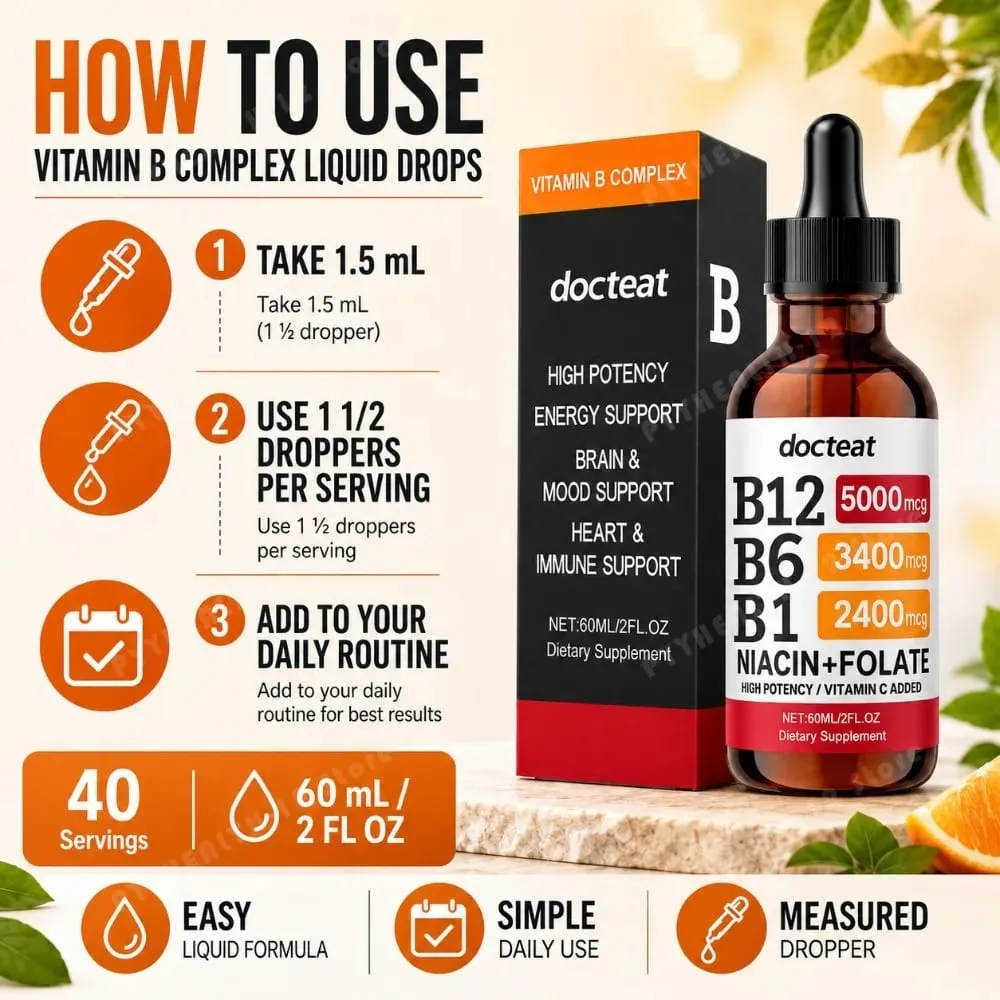 Docteat B Complex Drops 60ml High Potency B12 5000mcg Methylcobalamin Energy Brain Mood Heart Immune Support Non GMO Vegan — image 6