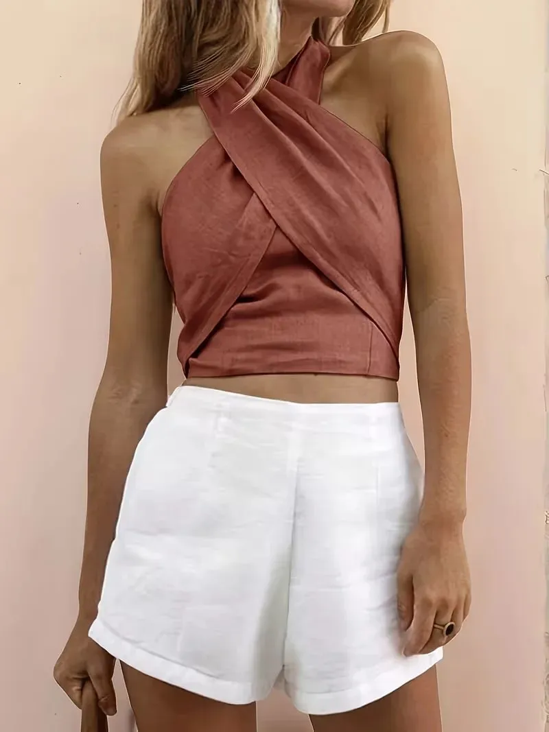 Cropped Top Women's Solid-Colored Cropped Cross-Back Top