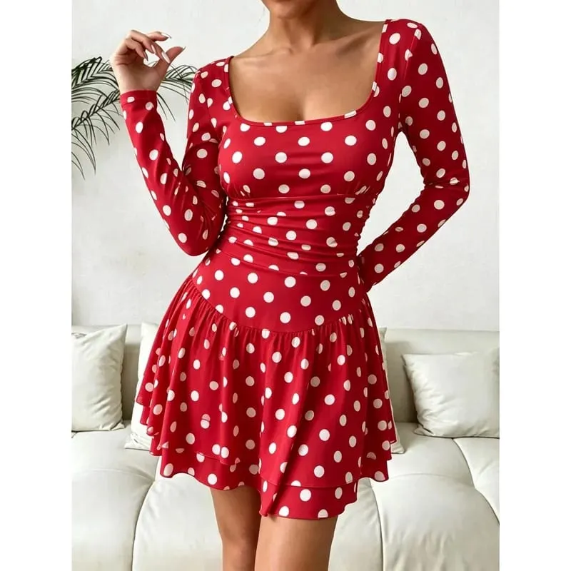 Women's Autumn Polka Dot Print Square Neck Long Sleeve Dress Waist Cinched A-Line Mini Skirt Sexy Fashionable Length — image 4