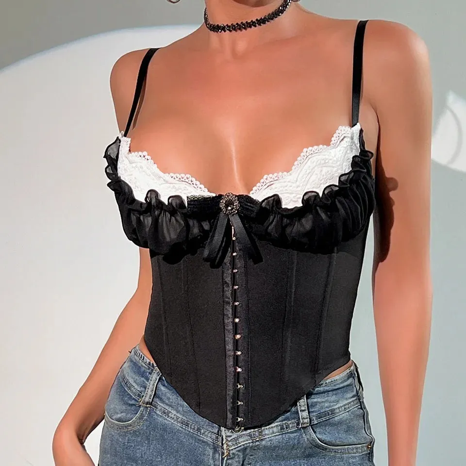 Sexy V Neck Y2K Crop Tops Lace Patchwork Pleated Bowknot Corset Top Sexy Backless Slim Camisole Body Shape Fishbone Bustier — image 5