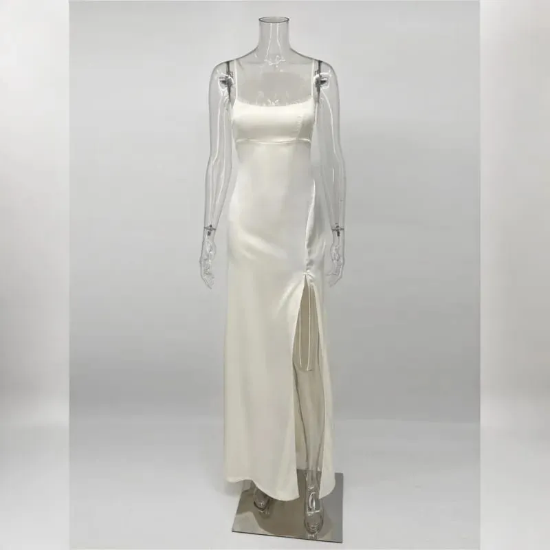 Tsiisd Fashion Satin Backless Women's Mini Dress Lace-Up Spaghetti Strap Slit Elegant Sexy Wedding Party Dress Female Dress 2026