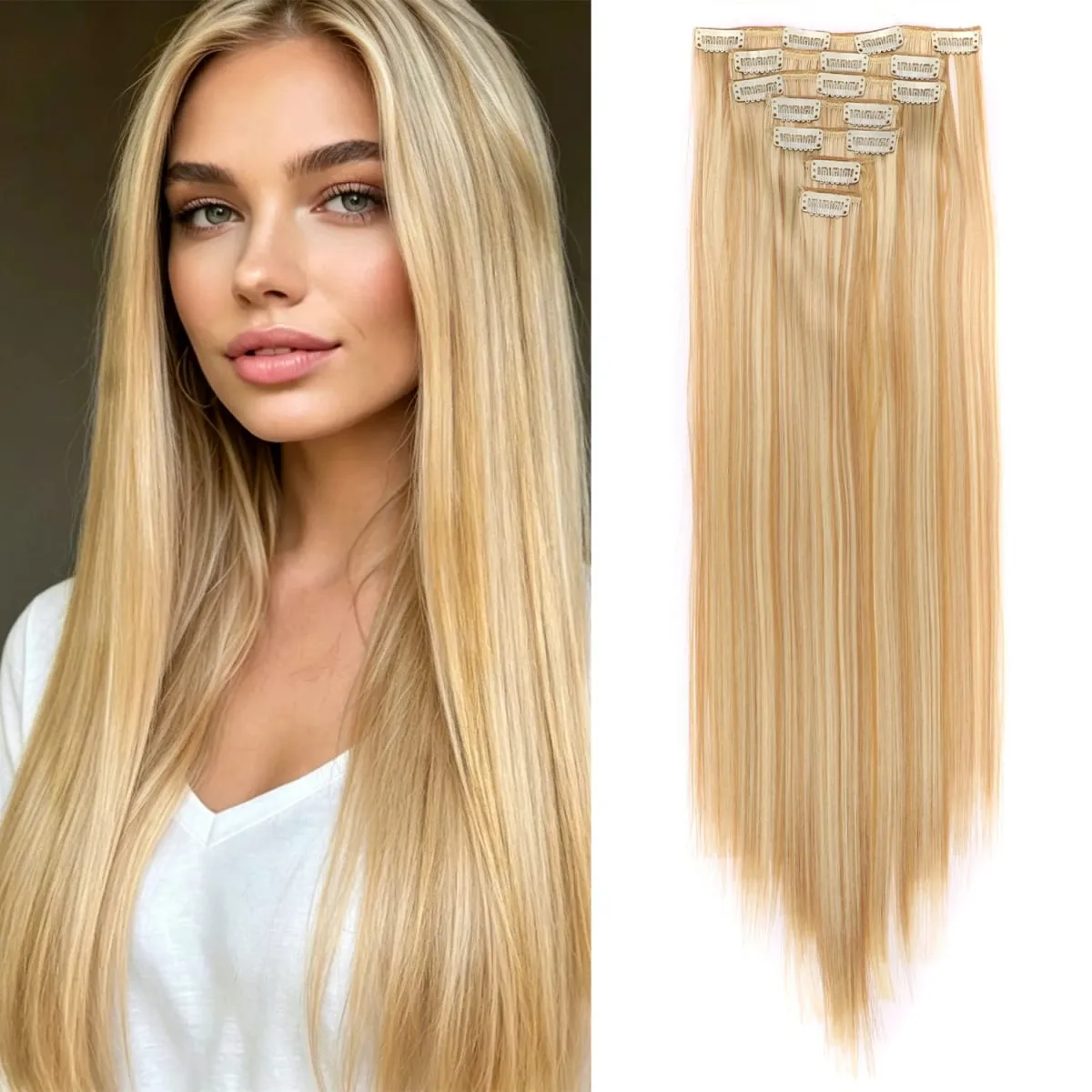 24 Inch Clip-in Hair Extensions 7 Pcs Long Straight Synthetic Hair Extensions Invisible Clip-ins Hairpieces for Women Daily