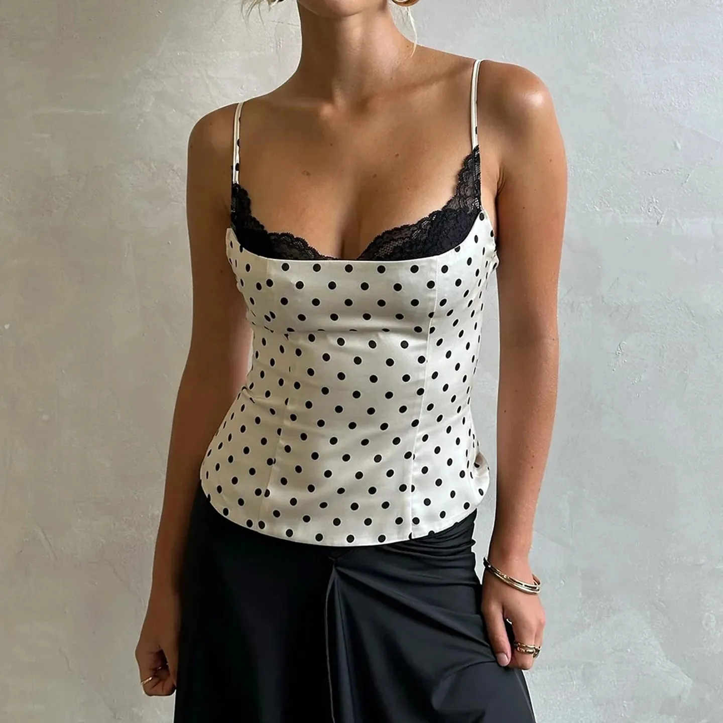 Chic Lace Patchwork Polka Dot Camis Tops Elegant Sleeveless Tank Tops Summer Casual Daily Wear Streetwear Camisole 2026 — image 4