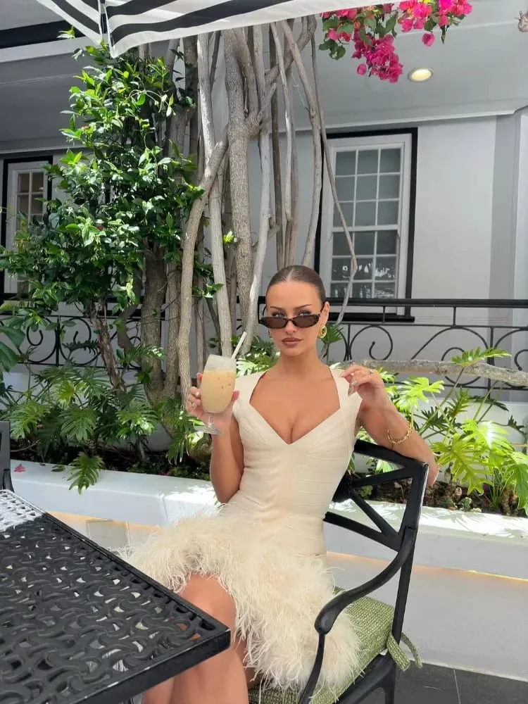 Women Sexy Solid Color Deep V-neck Hip Hugging Dress Summer Sleeveless Waist Cinched Mini Dresses Lady Daily Party Short Gowns — image 6