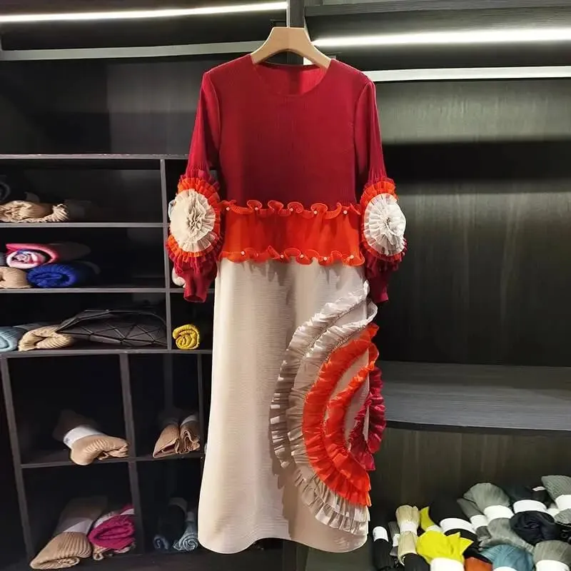 Rakott nyakkendő virág hosszú ujjú női ruha elegáns új bő színes blokk patchwork design gyöngyfűzés női ruházat 2DB6651 — image 4