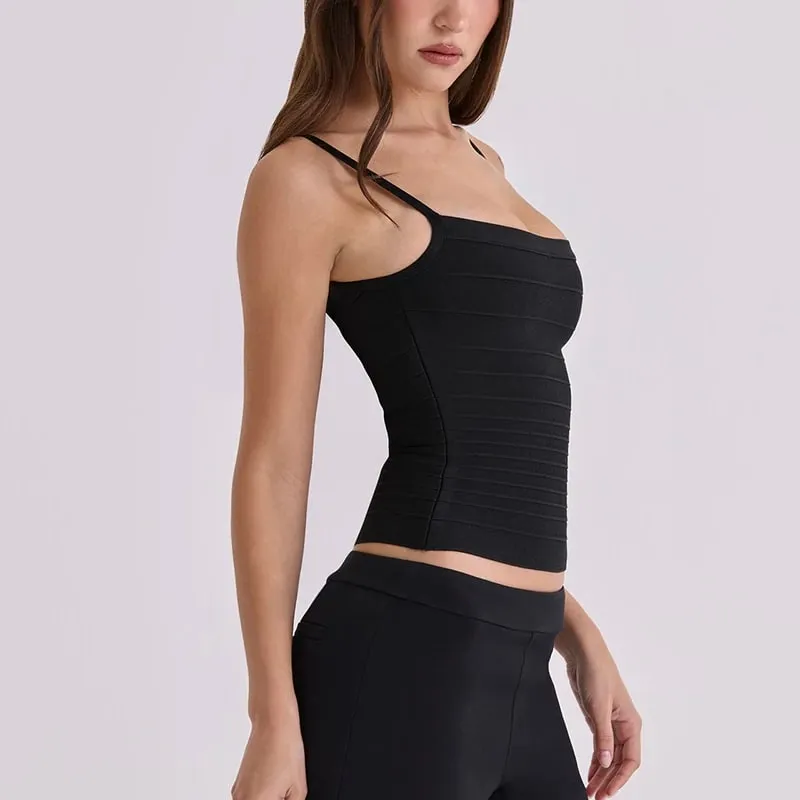 Women Summer Solid Color Bandage Camisole Slim Fit Square Neck Spaghetti Strap Ribbed Knit Cami Top — image 2
